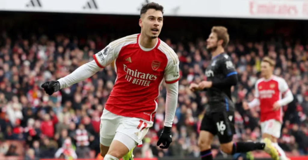 Gabriel Martinelli celebrates scoring the fifth goal against Crystal Palace