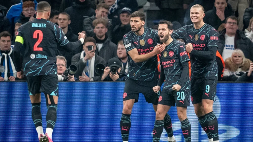 Manchester City players celebrating the Goal against Copenhagen