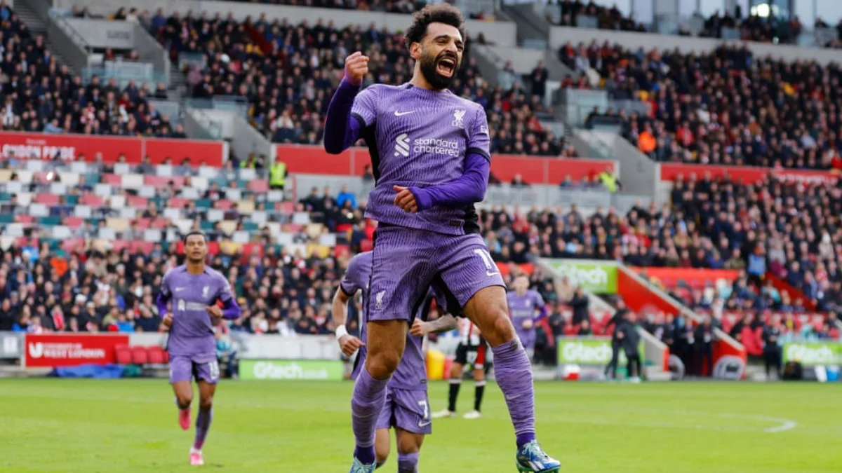Liverpool player Salah celebrates his goal against Brentford.