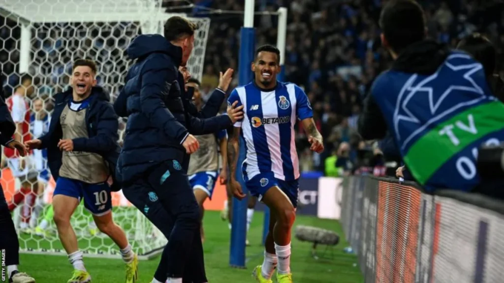 Champions league- Porto player Galeno celebrating his goal against Arsenal in stoppage time.