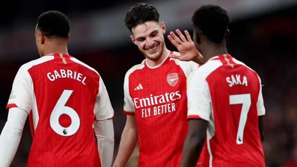 Bukayo Saka and Delcan Rice celebrates after scoring a Goal.